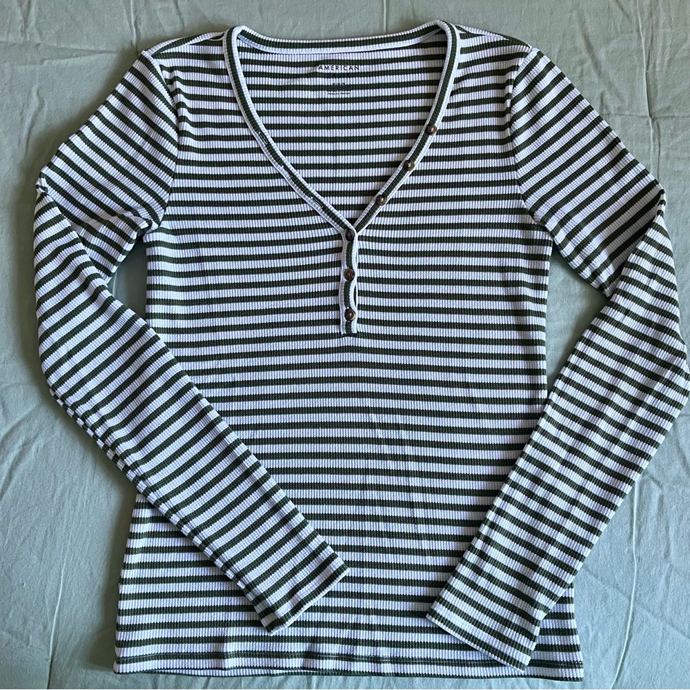 American Eagle Green and White striped Henley top M